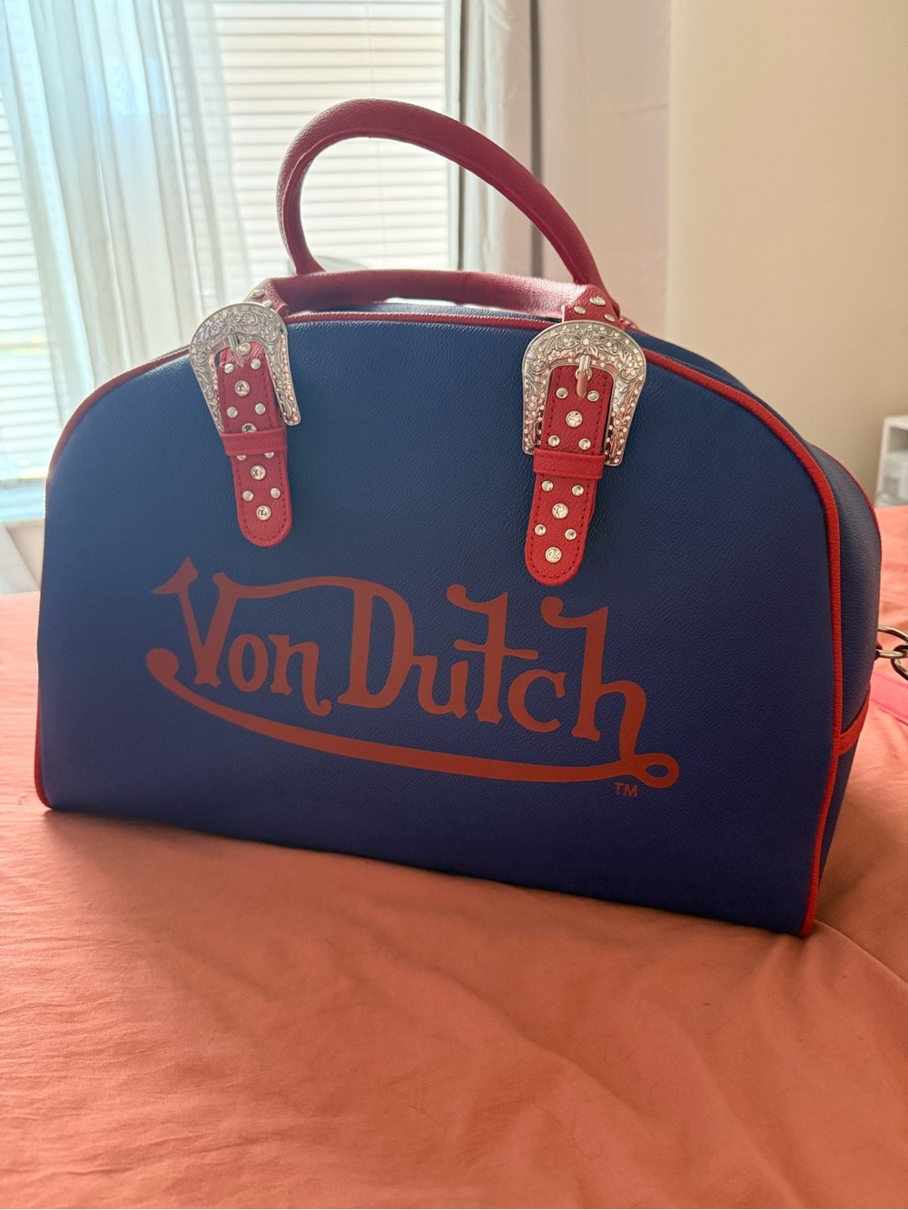 Von Dutch Blue Handbag with Red Trim and Silver Buckles
